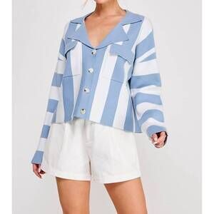 NEW ALLIE ROSE striped soft relaxed collared cardigan in ivory /blue
